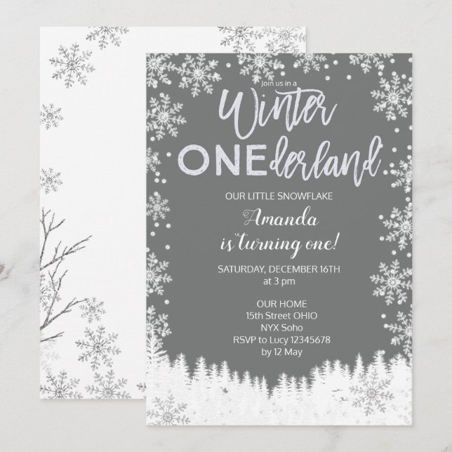 Invitation Gris d'invitation d'anniversaire de neige (Devant / Derrière)