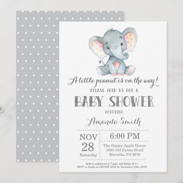 Invitation Gris d'invitation de baby shower d'éléphant (Devant / Derrière)