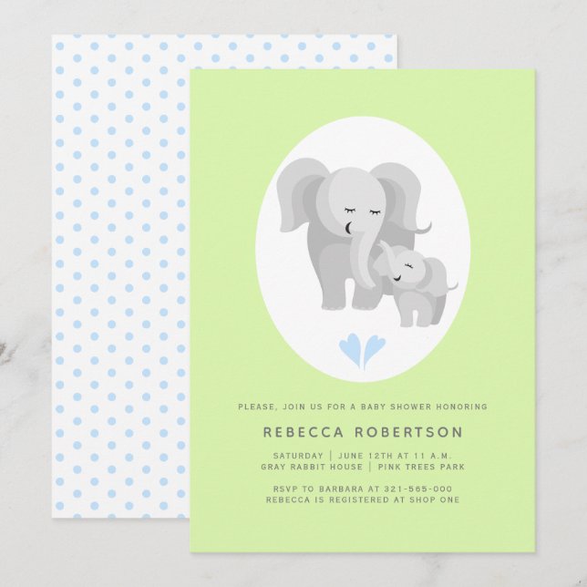 Invitation Gris éléphant mère et bébé garçon douche vert clai (Devant / Derrière)