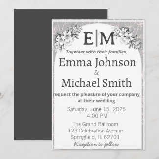 Invitation Gris et blanc Elégance moderne Floral Line Art