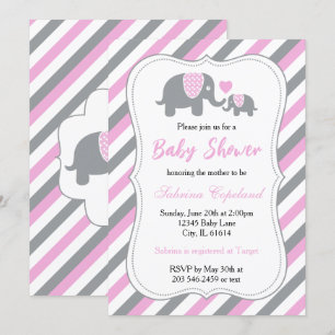 Invitation Gris et rose Bébé Eléphant BABY SHOWER
