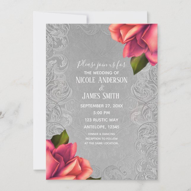 Invitation Gris et rose Vintage Antique Rose Élégant mariage (Devant)