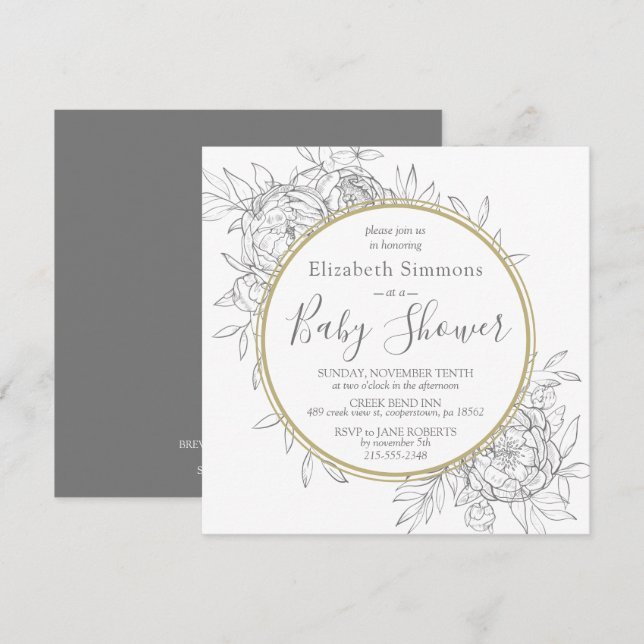 Invitation Gris & Gold Peony Moderne Baby shower en toile flo (Devant / Derrière)
