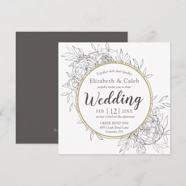 Invitation Gris & Gold Peony Moderne Floral Toile Mariage (Devant / Derrière)