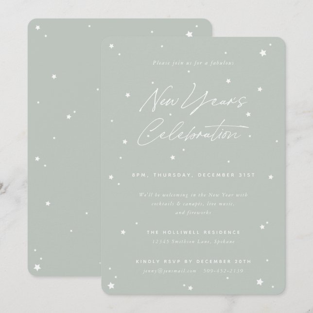 Invitation Gris Green Script Étoiles éparpillées Fête du Nouv (Devant / Derrière)
