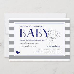 Invitation Gris Gris Bébé Garçon Douche et Marine Bleu