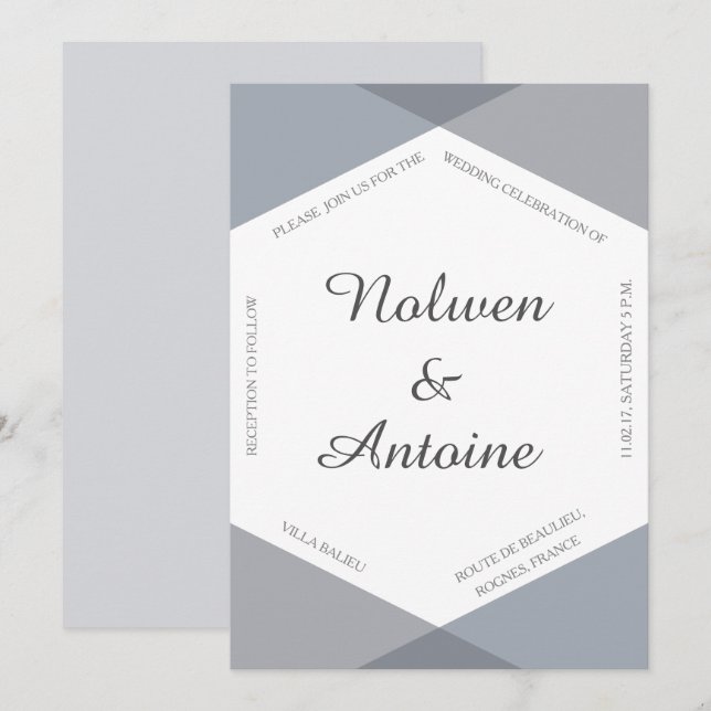 Invitation Gris lilas bleu hexagone élégant mariage moderne (Devant / Derrière)
