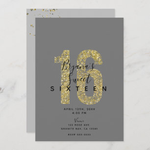 Invitation Gris minimal Gris Or Flakes 16 Parties scintillant