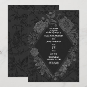Invitation Gris Noir Élégant Diamant Vintage Fleurs Mariage