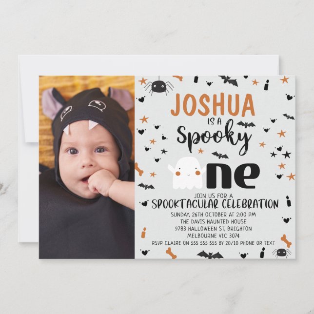 Invitation Gris Photo Éffrayant Un Halloween 1er Anniversaire (Devant)