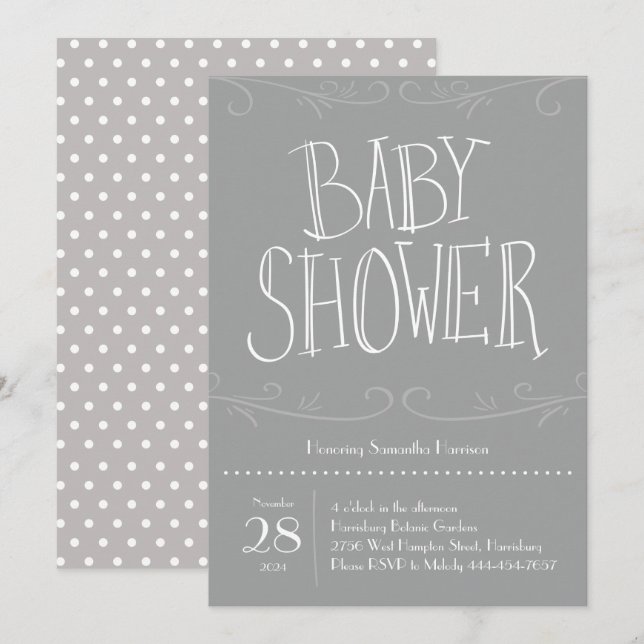 Invitation Gris Polka Dot Baby shower gris moderne (Devant / Derrière)