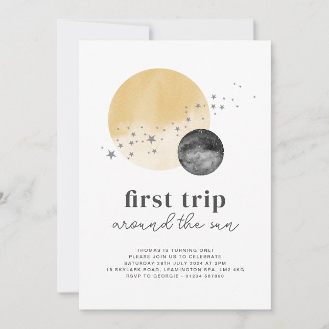 Invitation Gris Premier Voyage Autour Du Soleil Anniversaire  (Devant)