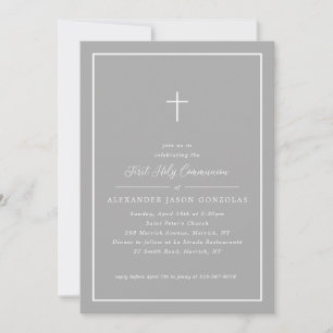 Invitation Gris Première Sainte Communion Croix rose Cadre si