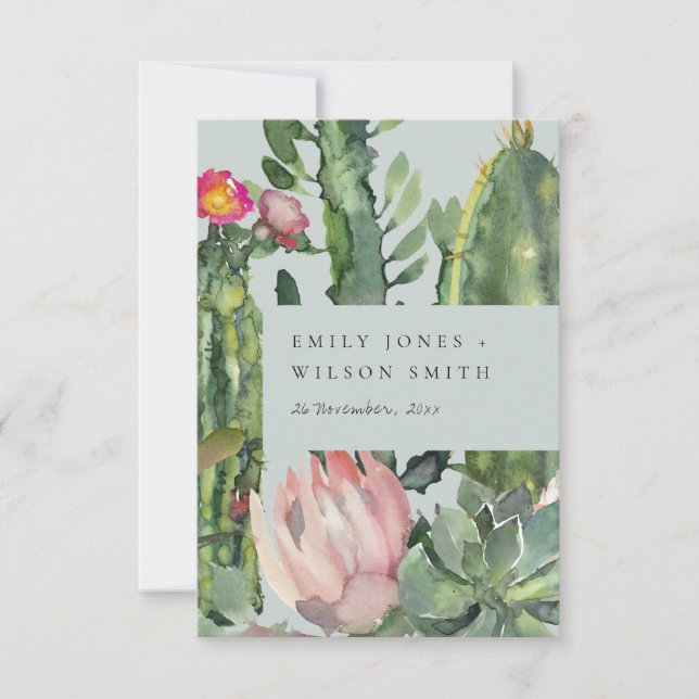 Invitation Gris rose Floral Désert Cactus Mariage de feuillag (Devant)