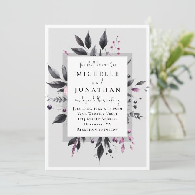Invitation Gris rose Floral moderne Cadre Bible Verse Mariage (Debout devant)