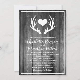 Invitation Gris rustique Grange Bois & Blanc Cerfs Antlers Ma