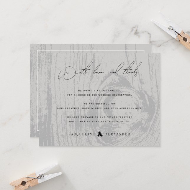 Invitation Gris Rustique Woodgrain Merci de mariage d'hiver (Devant/Arrière en situation)