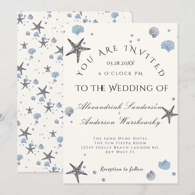 Invitation Gris Starfish Blue Shells Beach Wedding (Devant / Derrière)