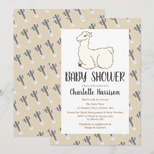 Invitation Gris & Taupe Llama & Baby shower Cactus (Devant / Derrière)