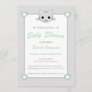 Invitation Gris Vert Neutre Cute Kawaii Baby shower de chat