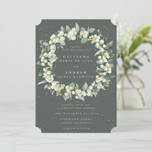 Invitation Gris vert Snowberry+Eucalyptus Mariage de couronne (Debout devant)
