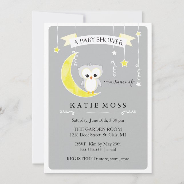Invitation grise de baby shower du petit hibou | (Devant)