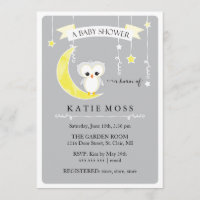 Invitation grise de baby shower du petit hibou |