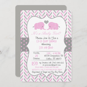 Invitation grise rose de baby shower d'éléphant