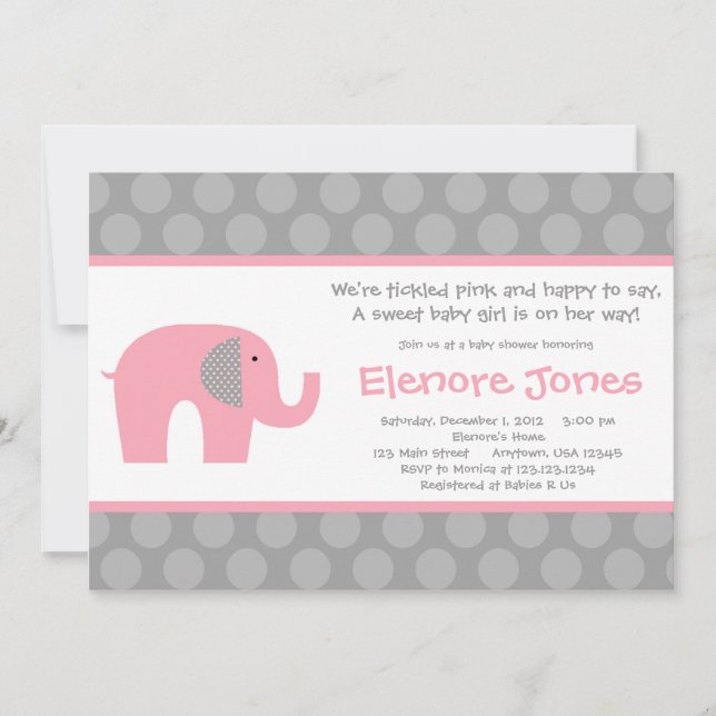Invitation grise rose de baby shower d'éléphant (Devant)
