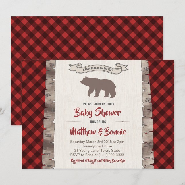 Invitation Grizzly Bear Cub Hiver Plaid Baby shower (Devant / Derrière)