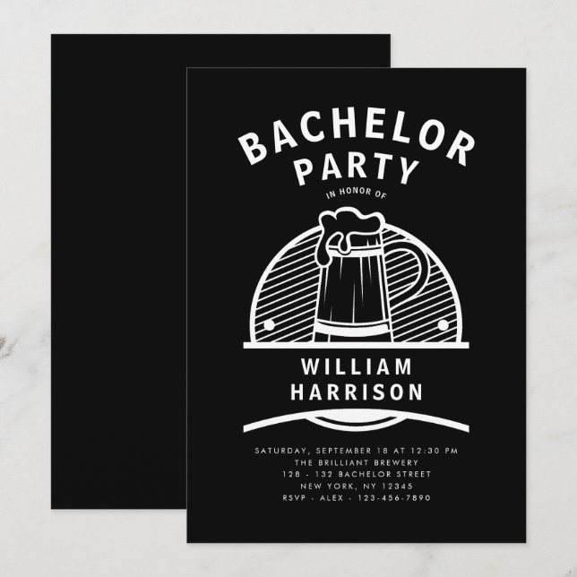 Invitation Groom Bachelor Party Black and White Brasserie Tou (Devant / Derrière)