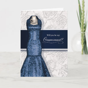Invitation Groomsmaid Demande Marine Blue and White Roses