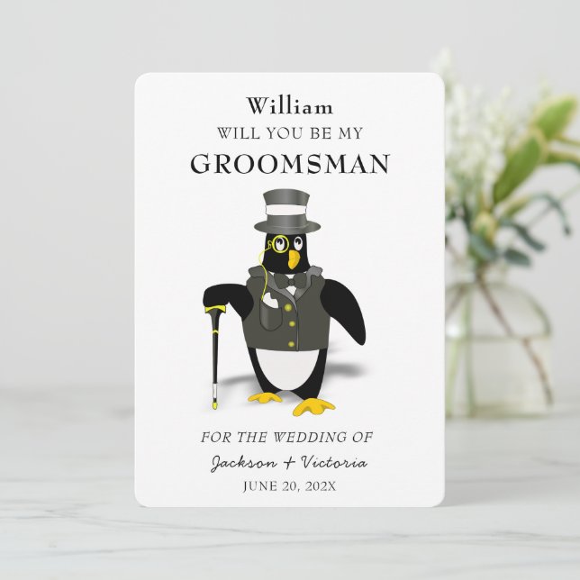 Invitation Groomsman de pingouin élégant et de luxe (Debout devant)