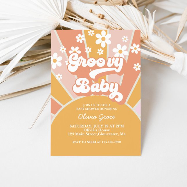 Invitation Groovy Baby Retro Sunshine Fête de Naissance Daisy (Créateur téléchargé)