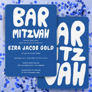 Invitation Groovy Handlettering Bar Mitzvah personnalisé bleu