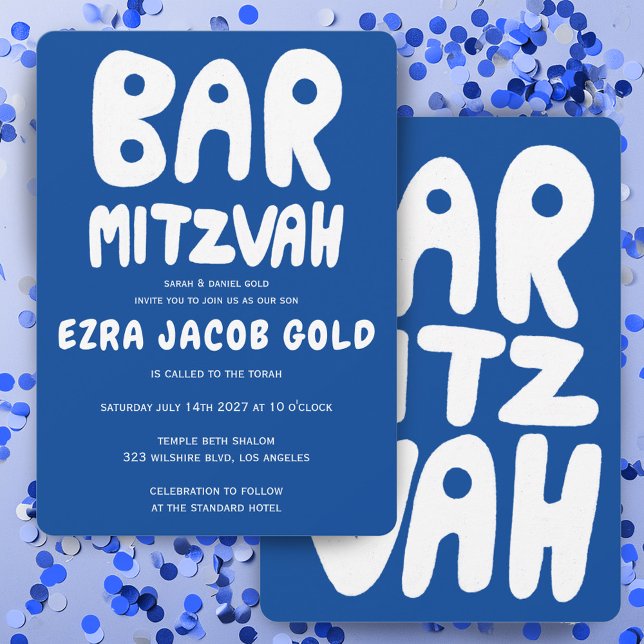 Invitation Groovy Handlettering Bar Mitzvah personnalisé bleu (Groovy Handlettering Custom Bar Mitzvah Blue White Invitation
)