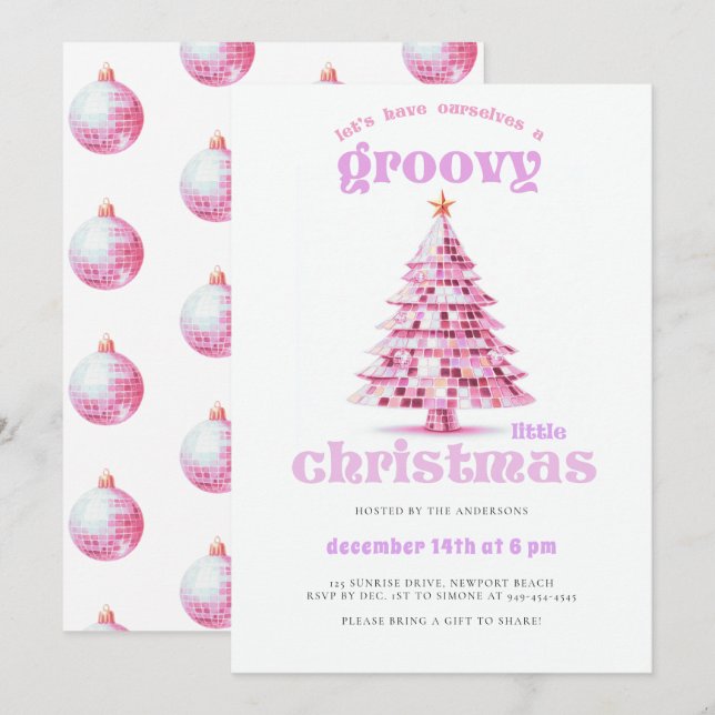 Invitation Groovy Little Christmas Disco Pink Christmas Party (Devant / Derrière)
