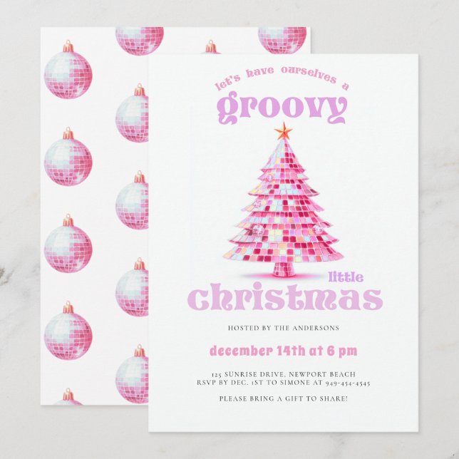 Invitation Groovy Little Christmas Pink Disco Christmas Party (Devant / Derrière)
