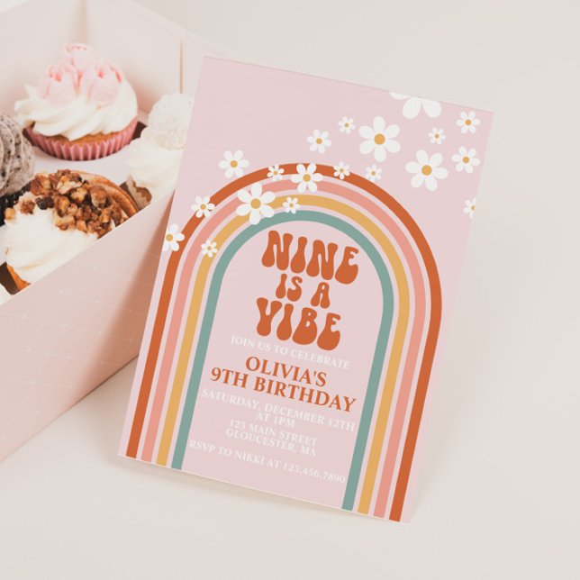 Invitation Groovy Nine est une vibe marguerite arc-en-ciel 9è (Créateur téléchargé)