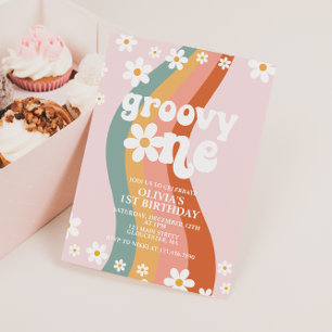 Invitation Groovy One anniversaire daisy arc-en-ciel 3 ans