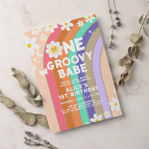 Invitation Groovy One bohème daisy arc-en-ciel premier annive
