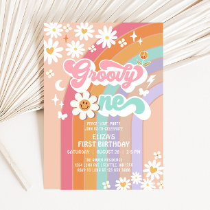 Invitation Groovy ONE Daisy Rainbow Hippie Retro Anniversaire