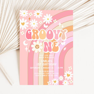 Invitation Groovy ONE Hippie Anniversaire Rétro 70's 1ère Fêt