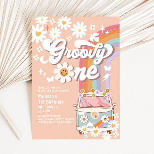 Invitation Groovy ONE Marguerite Arc-en-ciel Hippie 70's 1er 