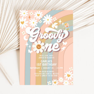 Invitation Groovy ONE Marguerite Hippie 70's Rétro 1er Annive