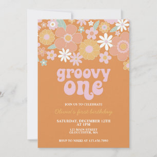 Invitation Groovy One Retro Floral Premier Anniversaire