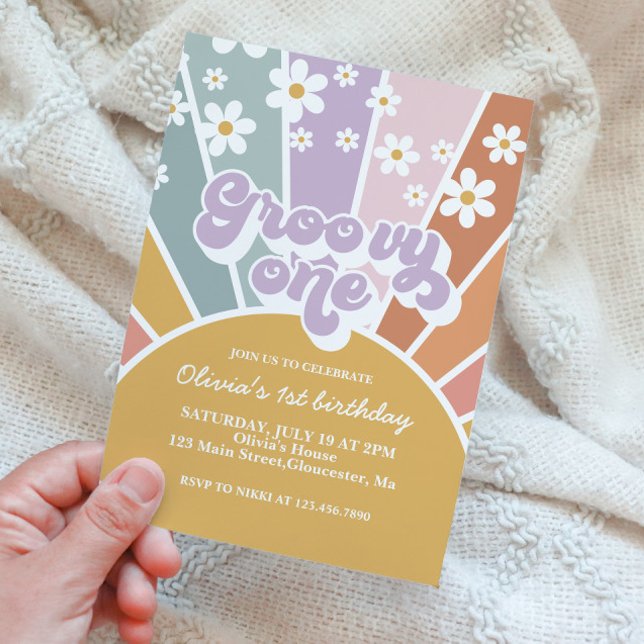 Invitation Groovy One Retro Soleil Rainbow Daisy (Créateur téléchargé)