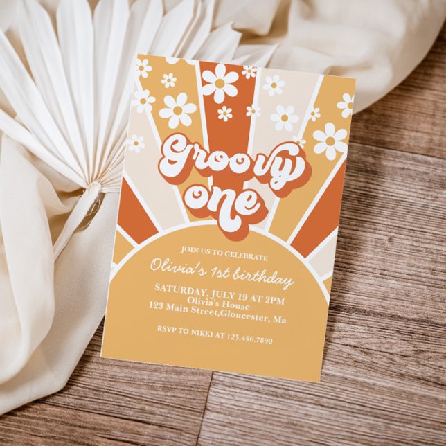 Invitation Groovy One Retro Sunshine marguerite bohème floral (Créateur téléchargé)