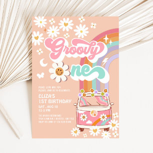 Invitation Groovy ONE Rose Fleur de Daisy Arc-en-ciel Van 1er