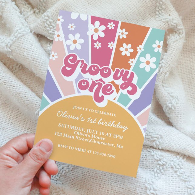 Invitation Groovy One Sunshine Rainbow Daisy (Créateur téléchargé)